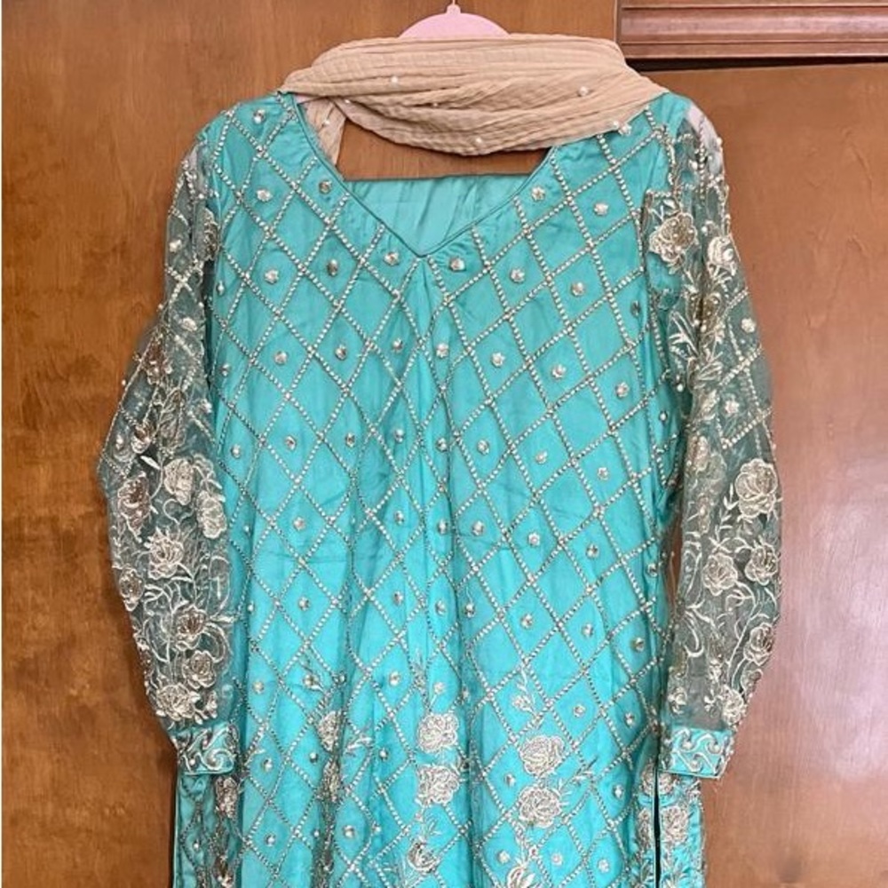 Large three pieces organza embroidered shirt silk pants and chunri doupata